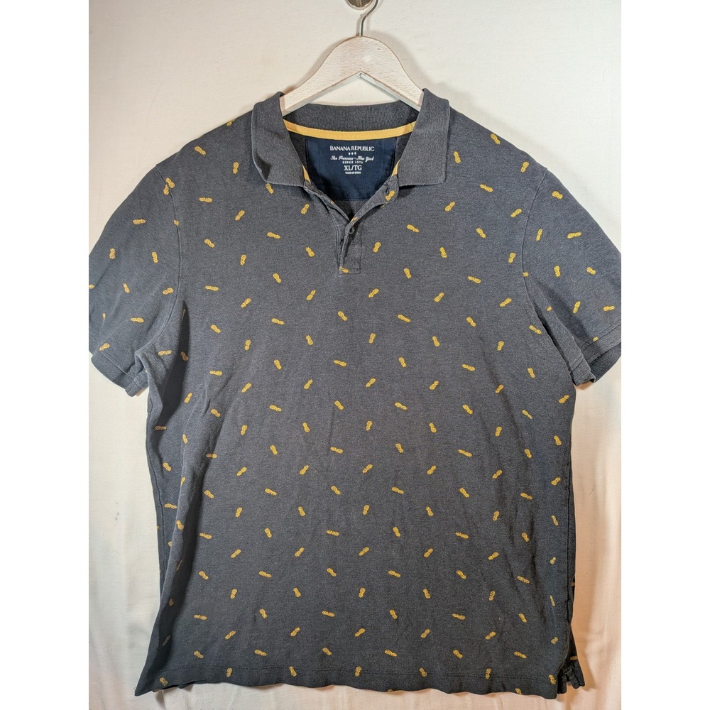 Banana Republic Mens XL Pineapple Print Polo Charcoal Gray Cotton Short Sleeve